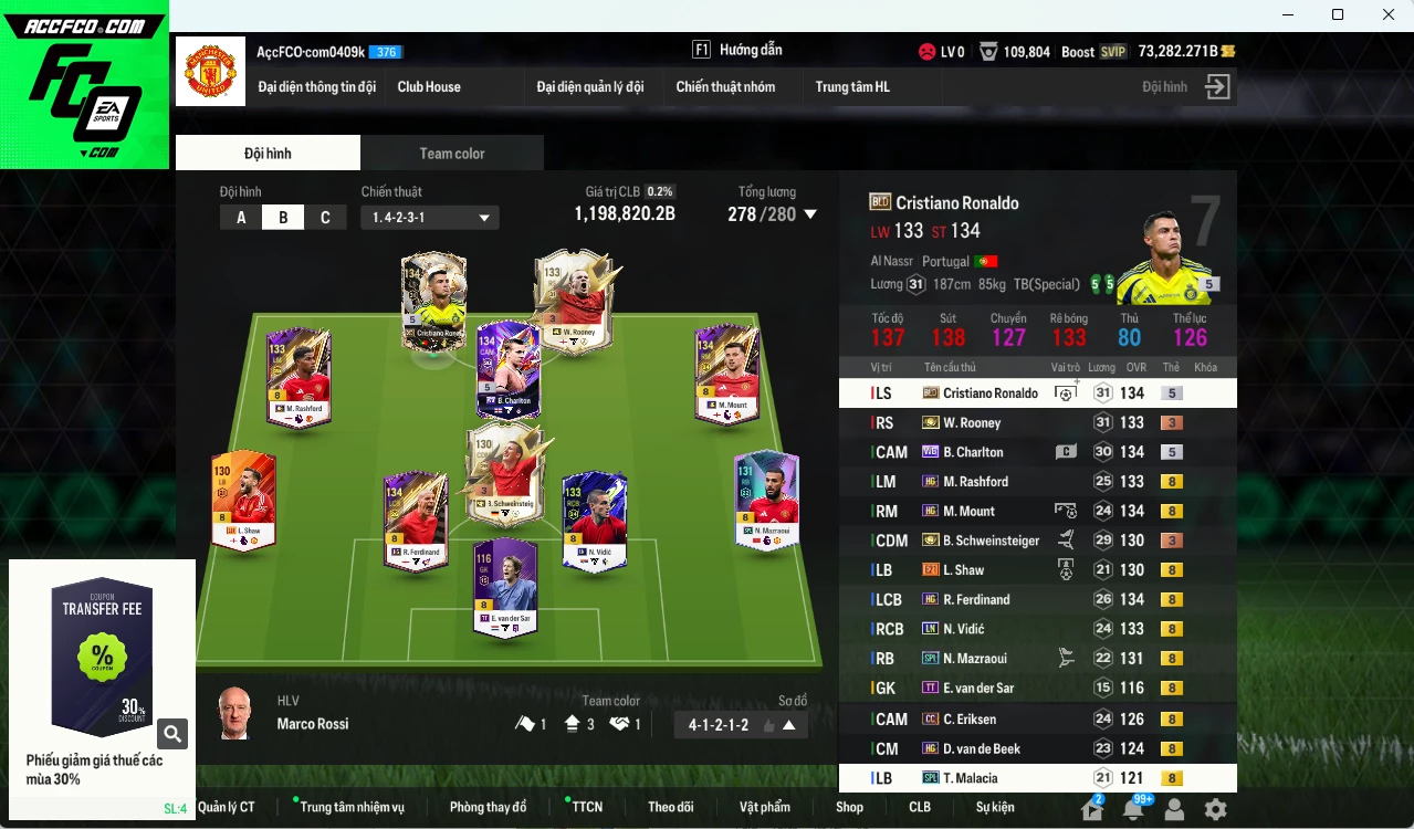 [ACC Rẻ🔥] Man Utd. 1.198.820b dư 73.000b có Rooney ITM+3, CR7 BLD, Charlton WB, Vidic LN, Schweinsteiger ITM+3, Ferdinand HG, Mazraoui SPL, Shaw E21, Mount HG, Rashford HG, Eriksen CC... HLV Xịn